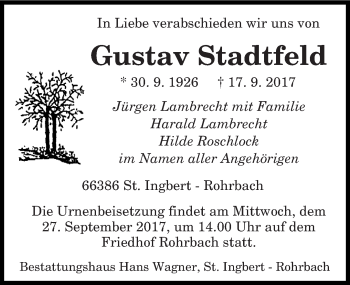 Todesanzeige von Gustav Stadtfeld von saarbruecker_zeitung