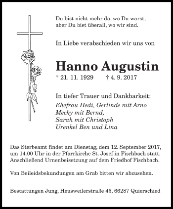 Todesanzeige von Hanno Augustin von saarbruecker_zeitung