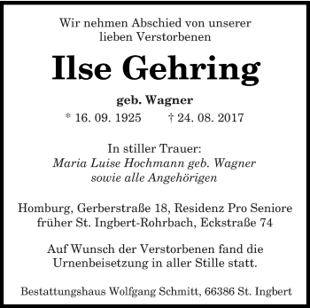 Todesanzeige von Ilse Gehring von saarbruecker_zeitung