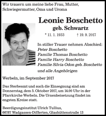 Todesanzeige von Leonie Boschetto von saarbruecker_zeitung