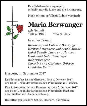 Todesanzeige von Maria Berwanger von saarbruecker_zeitung