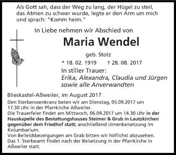 Todesanzeige von Maria Wendel von saarbruecker_zeitung