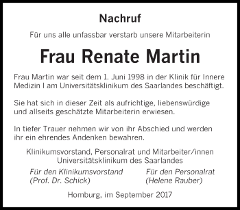 Todesanzeige von Renate Martin von saarbruecker_zeitung