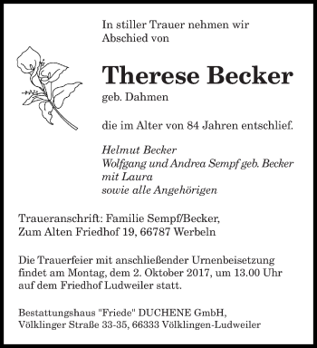 Todesanzeige von Therese Becker von saarbruecker_zeitung