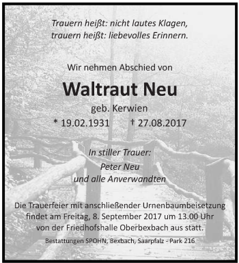 Todesanzeige von Waltraut Neu von saarbruecker_zeitung