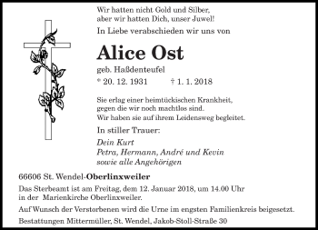 Todesanzeige von Alice Ost von saarbruecker_zeitung