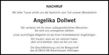 Todesanzeige von Angelika Dollwet von saarbruecker_zeitung