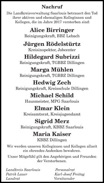 Todesanzeige von Die Landkreisverwaltung Saarlouis  von saarbruecker_zeitung