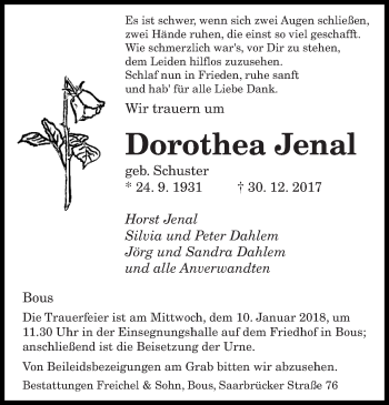 Todesanzeige von Dorothea Jenal von saarbruecker_zeitung