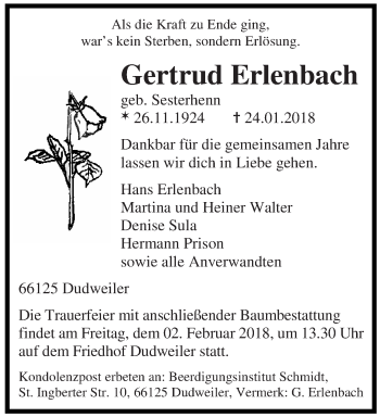 Todesanzeige von Gertrud Erlenbach von saarbruecker_zeitung