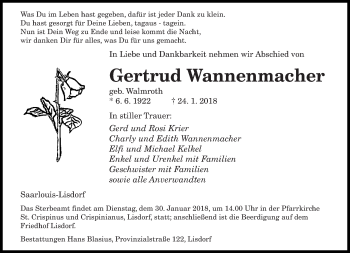 Todesanzeige von Gertrud Wannenmacher von saarbruecker_zeitung