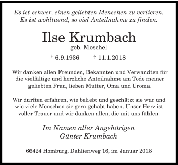 Todesanzeige von Ilse Krumbach von saarbruecker_zeitung