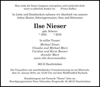 Todesanzeige von Ilse Nieser von saarbruecker_zeitung