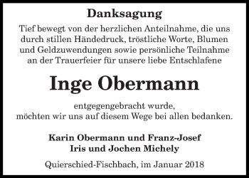 Todesanzeige von Inge Obermann von saarbruecker_zeitung