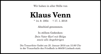 Todesanzeige von Klaus Venn von saarbruecker_zeitung