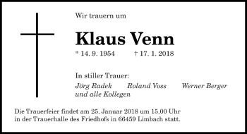 Todesanzeige von Klaus Venn von saarbruecker_zeitung