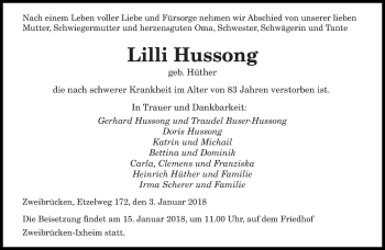 Todesanzeige von Lilli Hussong von saarbruecker_zeitung