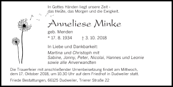 Todesanzeige von Anneliese Minke von saarbruecker_zeitung
