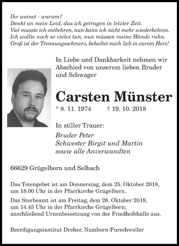 Todesanzeige von Carsten Münster von saarbruecker_zeitung