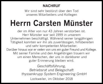 Todesanzeige von Carsten Münster von saarbruecker_zeitung