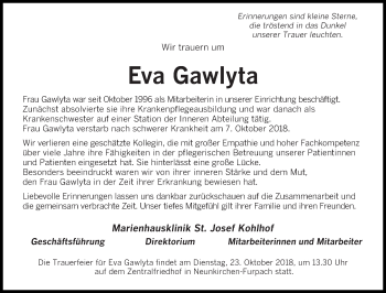 Todesanzeige von Eva Gawlyta von saarbruecker_zeitung