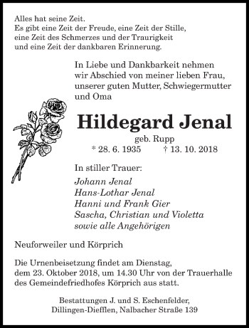 Todesanzeige von Hildegard Jenal von saarbruecker_zeitung