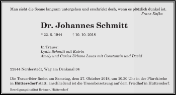 Todesanzeige von Johannes Schmitt von saarbruecker_zeitung