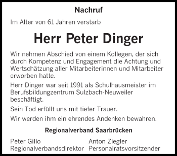 Todesanzeige von Peter Dinger von saarbruecker_zeitung