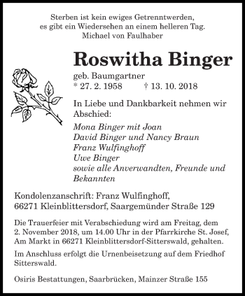 Todesanzeige von Roswitha Binger von saarbruecker_zeitung