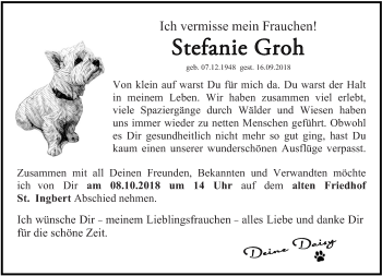 Todesanzeige von Stefanie Groh von saarbruecker_zeitung