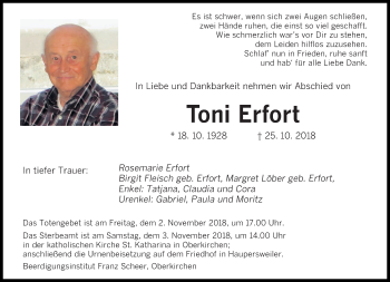 Todesanzeige von Toni Erfort von saarbruecker_zeitung