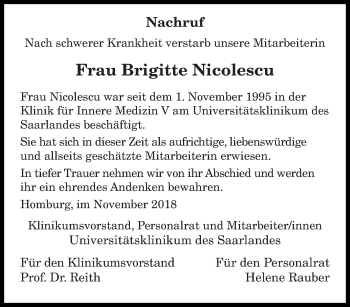 Todesanzeige von Brigitte Nicolescu von saarbruecker_zeitung