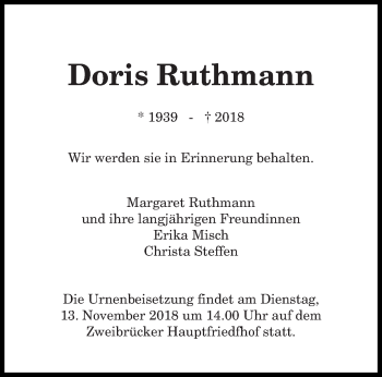 Todesanzeige von Doris Ruthmann von saarbruecker_zeitung