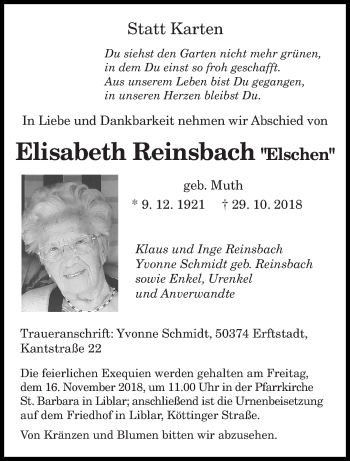 Todesanzeige von Elisabeth Reinsbach von saarbruecker_zeitung