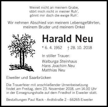 Todesanzeige von Harald Neu von saarbruecker_zeitung