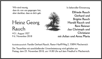 Todesanzeige von Heinz Georg Rauch von saarbruecker_zeitung