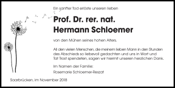 Todesanzeige von Hermann Schloemer von saarbruecker_zeitung