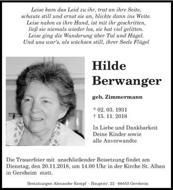 Todesanzeige von Hilde Berwanger von saarbruecker_zeitung