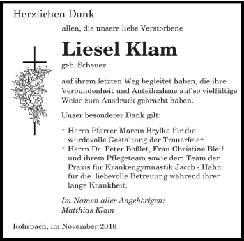 Todesanzeige von Liesel Klam von saarbruecker_zeitung