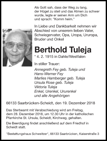 Todesanzeige von Berthold Tuleja von saarbruecker_zeitung