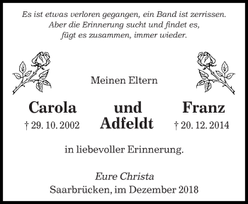Todesanzeige von Carola und Franz Adfeldt von saarbruecker_zeitung