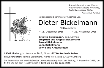 Todesanzeige von Dieter Bickelmann von saarbruecker_zeitung