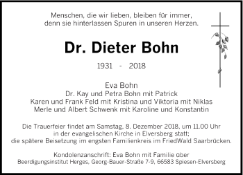 Todesanzeige von Dieter Bohn von saarbruecker_zeitung