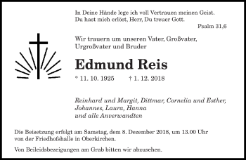 Todesanzeige von Edmund Reis von saarbruecker_zeitung