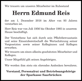 Todesanzeige von Edmund Reis von saarbruecker_zeitung