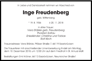 Todesanzeige von Inge Freudenberg von saarbruecker_zeitung