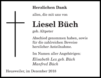 Todesanzeige von Liesel Büch von saarbruecker_zeitung