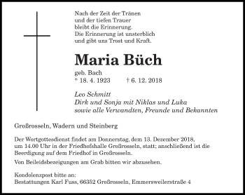 Todesanzeige von Maria Büch von saarbruecker_zeitung