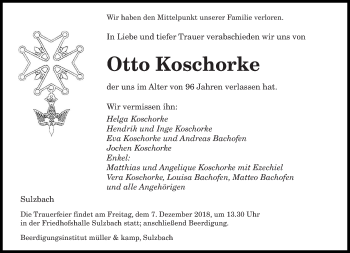 Todesanzeige von Otto Koschorke von saarbruecker_zeitung