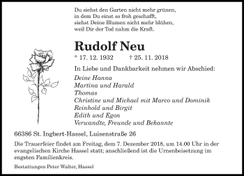 Todesanzeige von Rudolf Neu von saarbruecker_zeitung